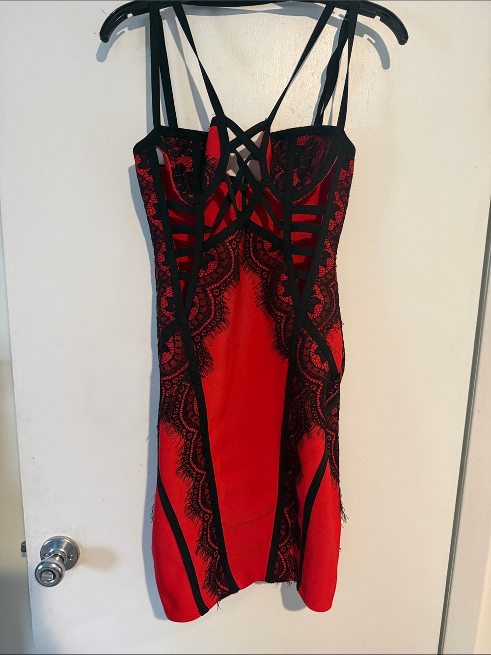 Strappy Red Mini Dress with Black Lace Trim